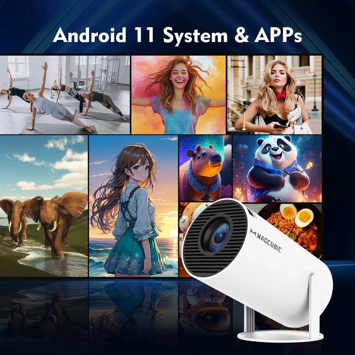 Magcubic Pro 4K Projector screen showing the Android 11 interface for seamless streaming and app access.