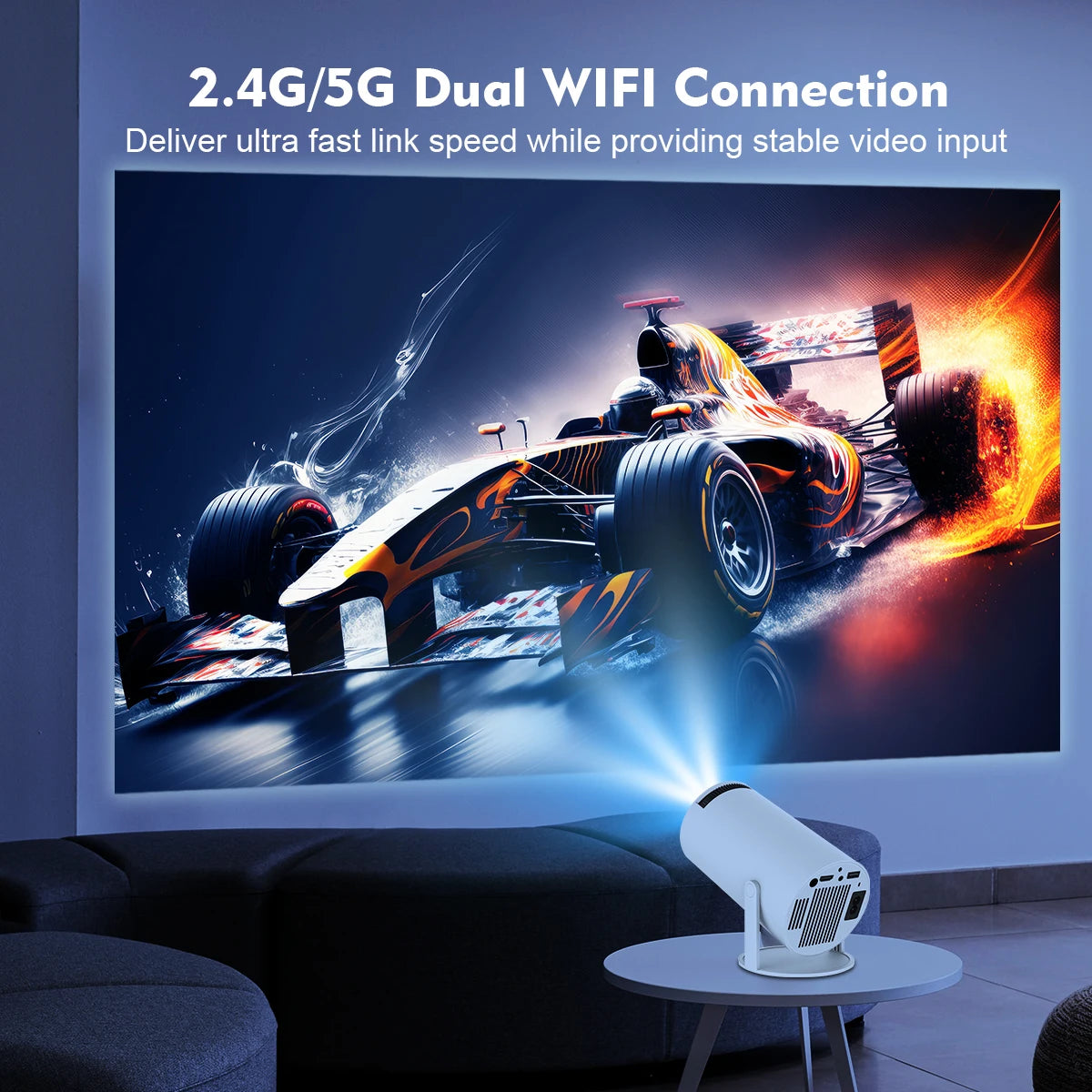 Magcubic Pro 4K Projector displaying seamless dual WiFi and Bluetooth 5.0 connectivity for wireless streaming