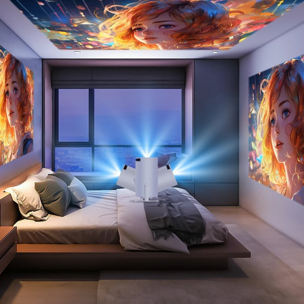 Magcubic Pro 4K Projector showcasing projection screen sizes ranging from 40 inches to 200 inches in a home setting.