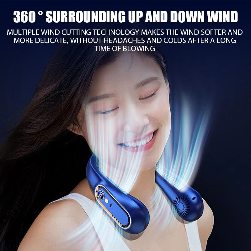 A sleek and portable fan that hangs comfortably around the neck.